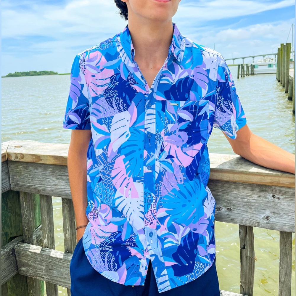 Vintage Summer Blue and Pink Button Down Shirt Tropical Print